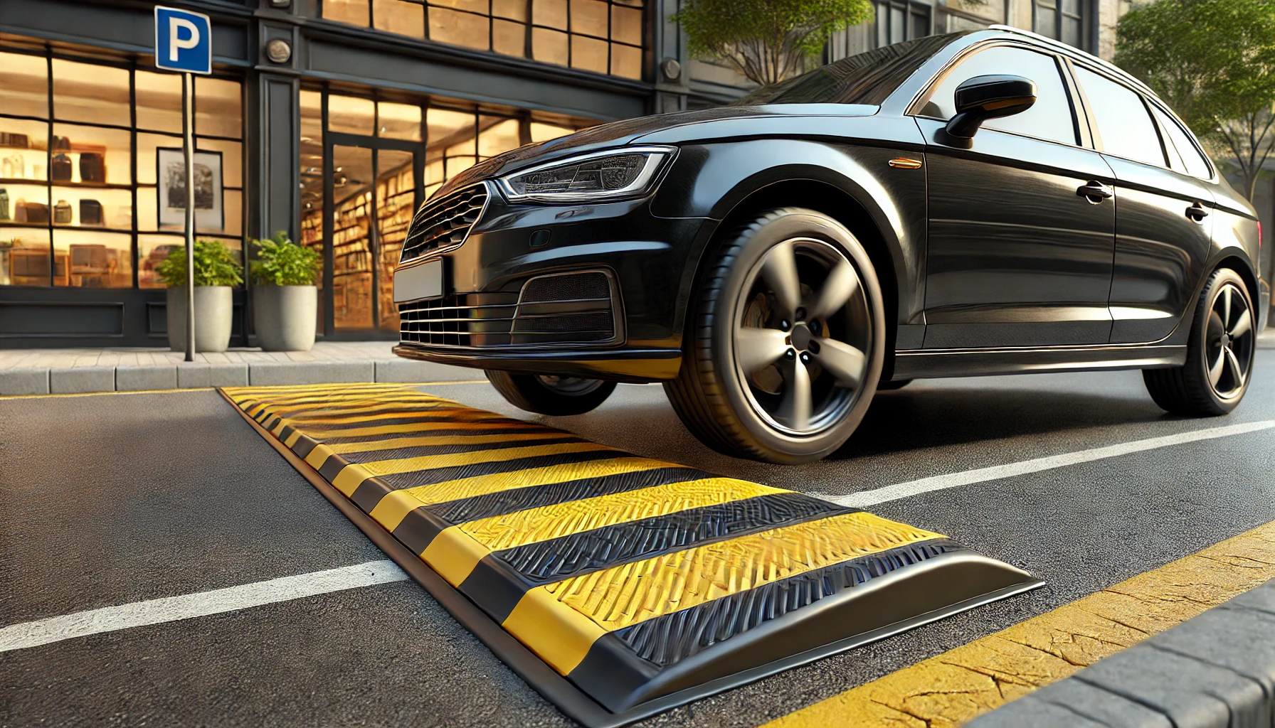 A black car driving over a yellow and black striped speed bump.