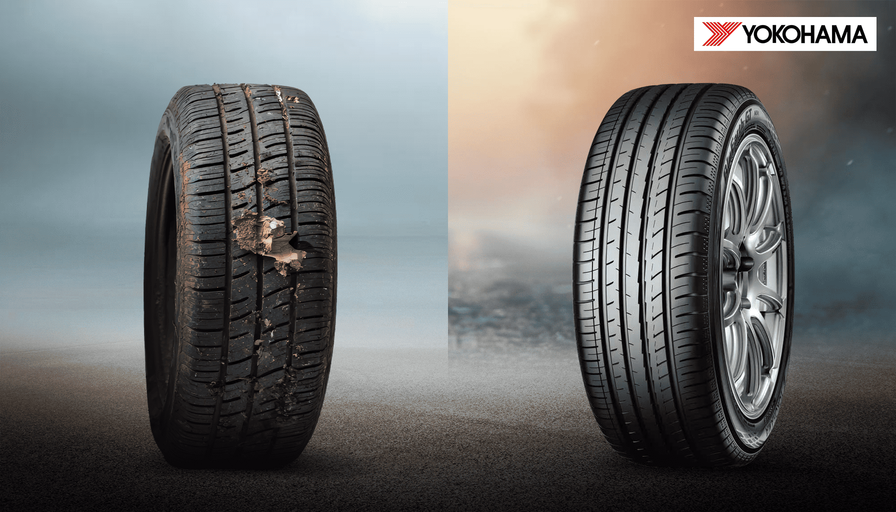 Side-by-side comparison of a severely worn-out tyre and a brand-new Yokohama tyre, highlighting the importance of timely tyre replacement for safety.