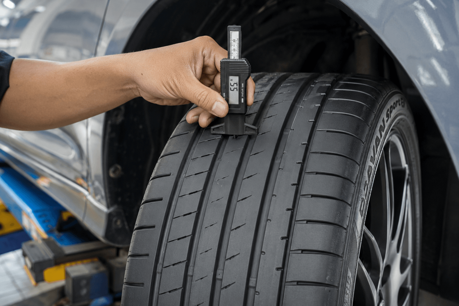 Close-up view of a car tyre tread being inspected with a depth gauge, showing adherence to safety standards.
