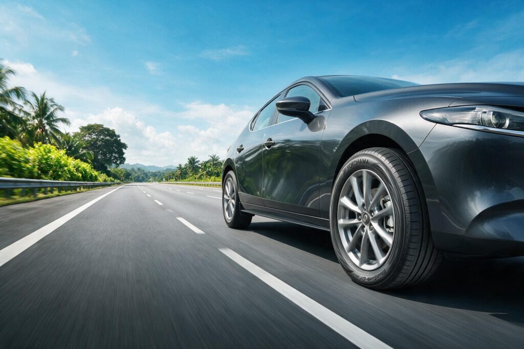 Yokohama BluEarth-GT AE51 fuel economy tyre fitted to a car driving on a Malaysian expressway.