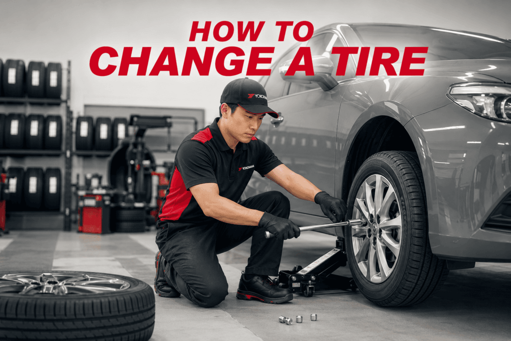 Yokohama technician changing a Yokohama BluEarth-GT tyre using a wheel wrench in a professional tyre workshop.