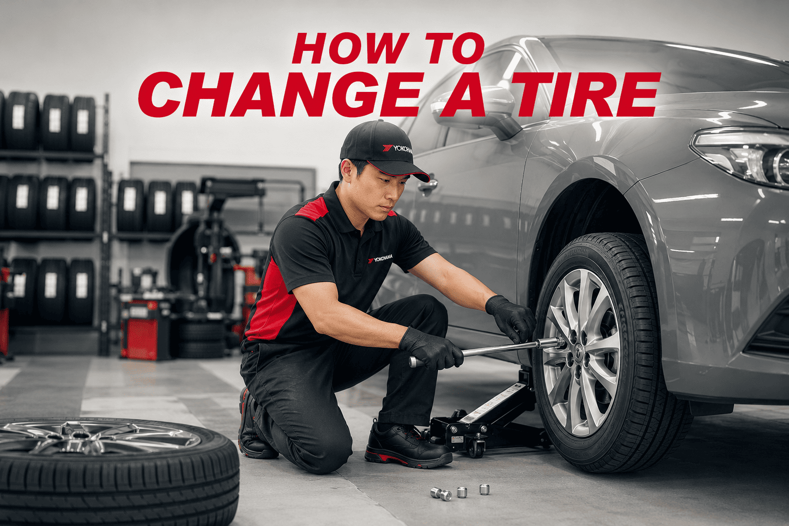 Yokohama technician changing a Yokohama BluEarth-GT tyre using a wheel wrench in a professional tyre workshop.