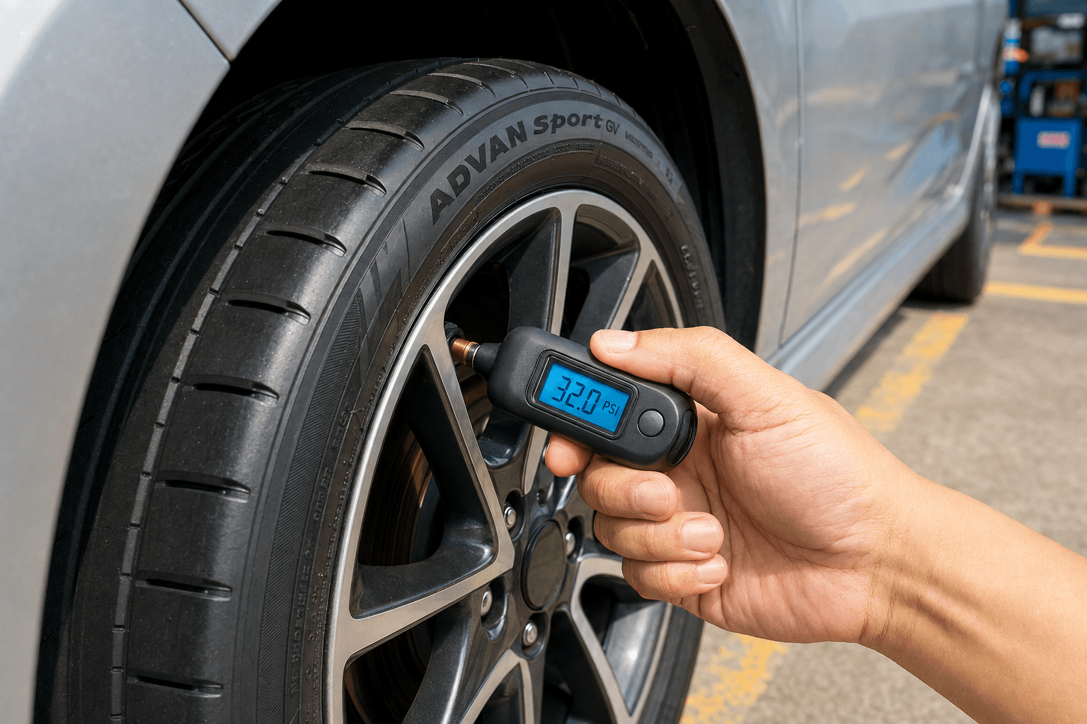 Driver checking cold tire pressure using a digital gauge in Malaysia.