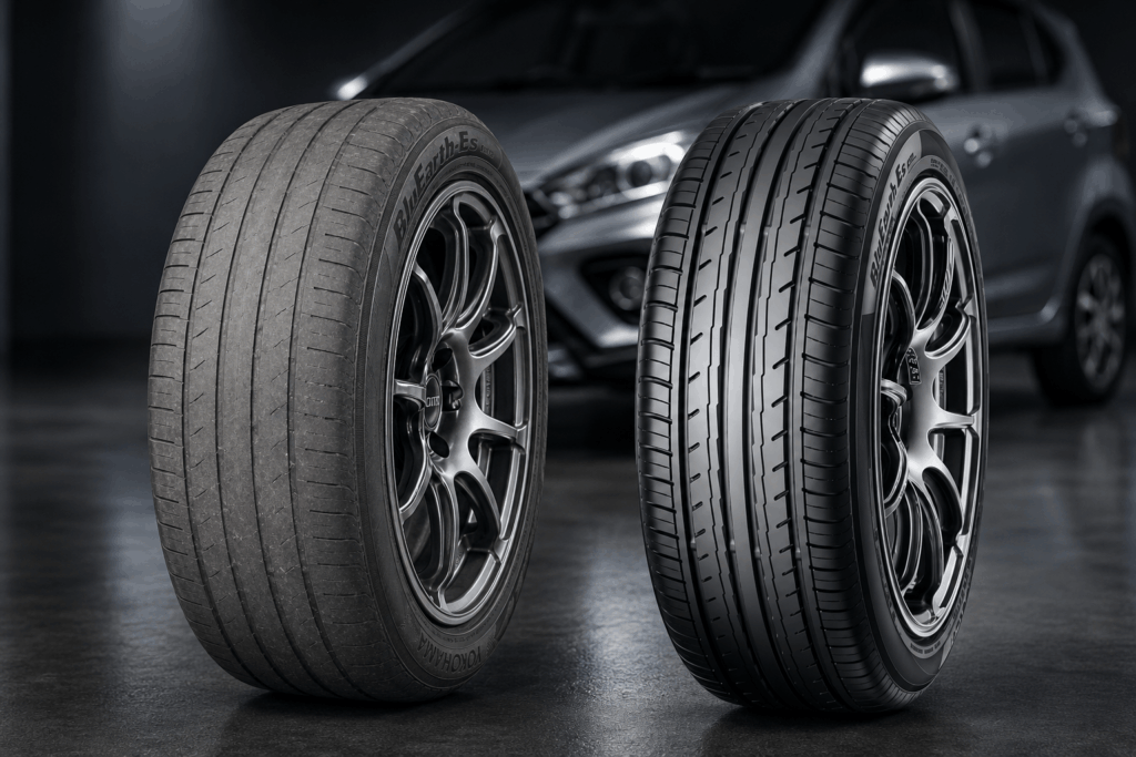 Perbandingan tayar Yokohama BluEarth-Es ES32 yang haus dan baharu di studio automotif.