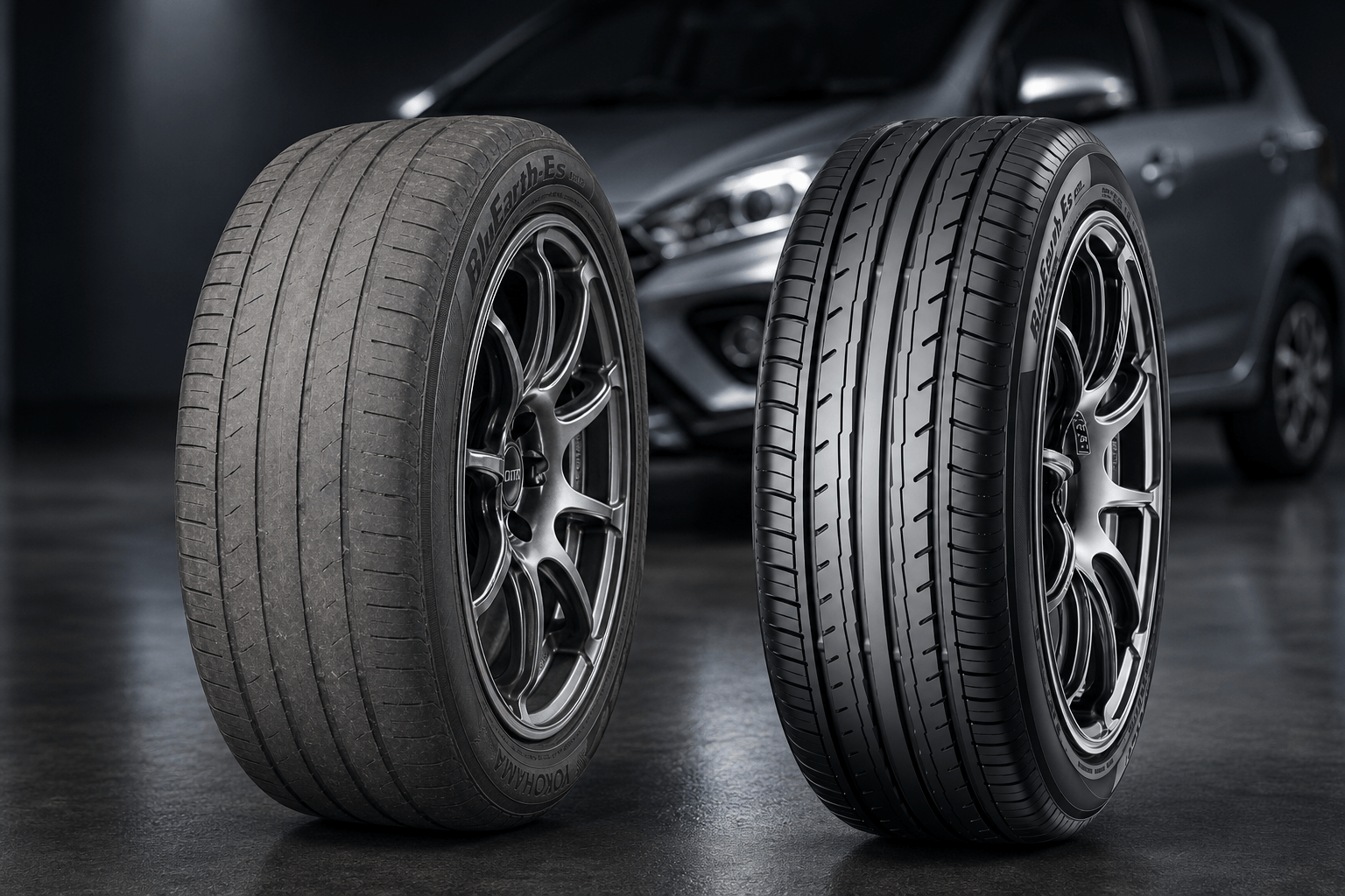 Perbandingan tayar Yokohama BluEarth-Es ES32 yang haus dan baharu di studio automotif.