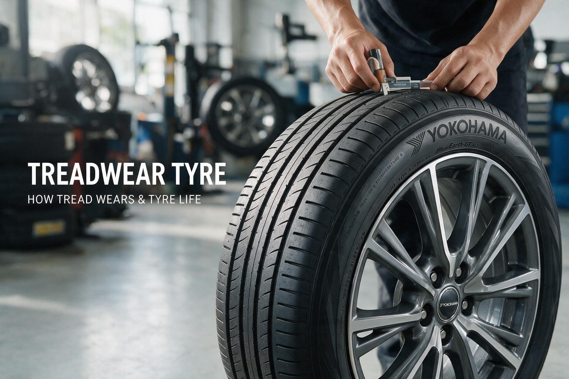 Close-up of a Yokohama BluEarth-GT AE51 tyre with a technician measuring tread depth to check treadwear and tyre life.