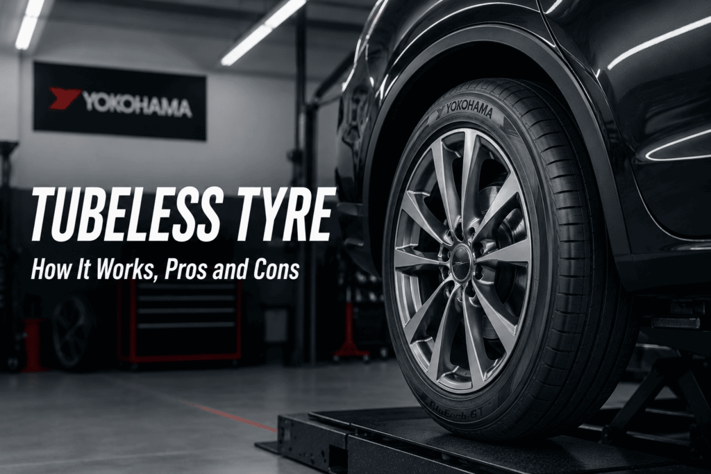 Yokohama BluEarth-GT tubeless tyre fitted on a modern car in a professional tyre workshop, highlighting its tread and sidewall design.