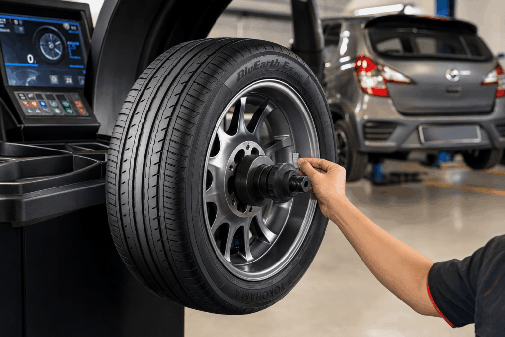 Mechanic balancing a Yokohama BluEarth-Es ES32 tyre on a digital wheel-balancing machine.