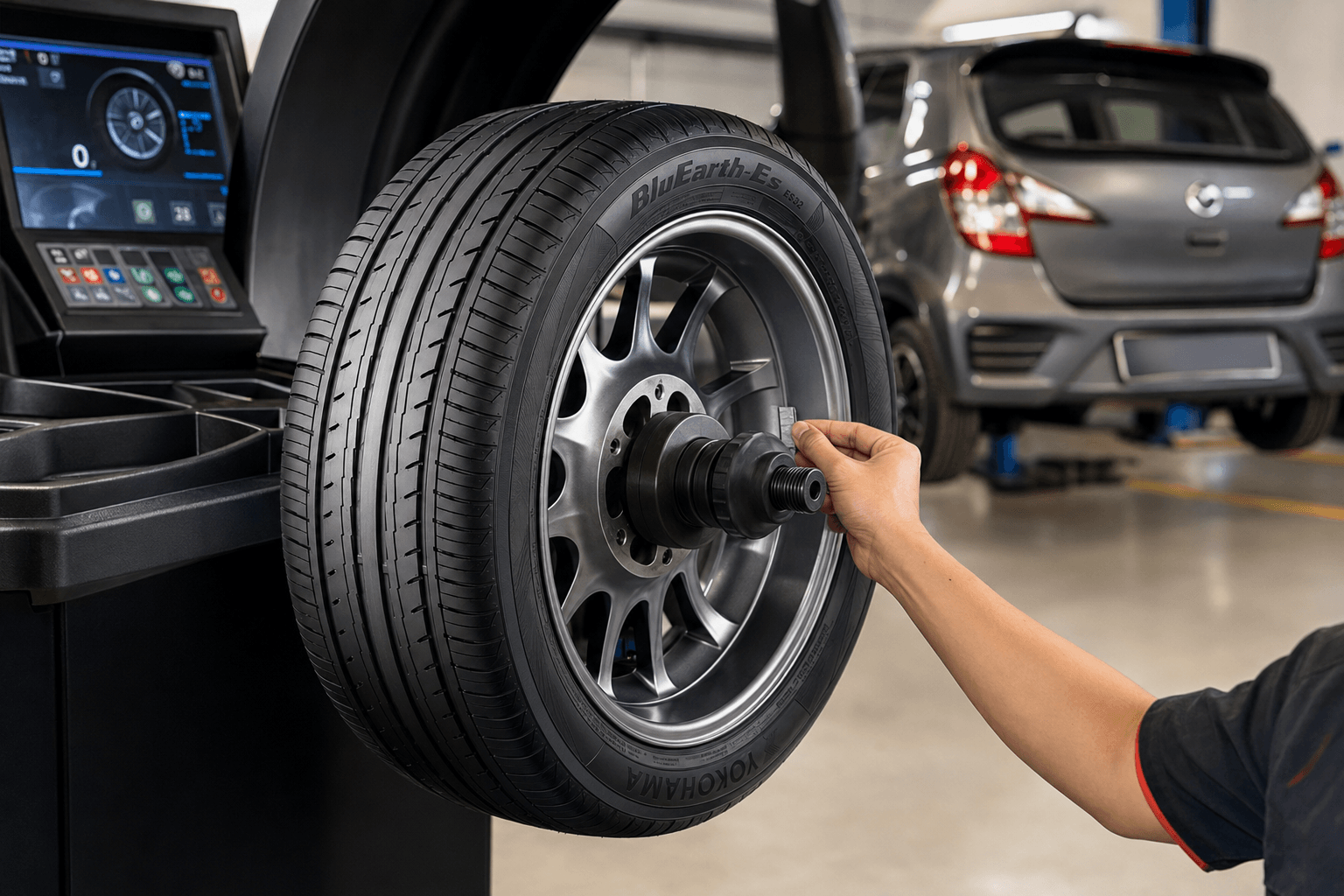Mechanic balancing a Yokohama BluEarth-Es ES32 tyre on a digital wheel-balancing machine.