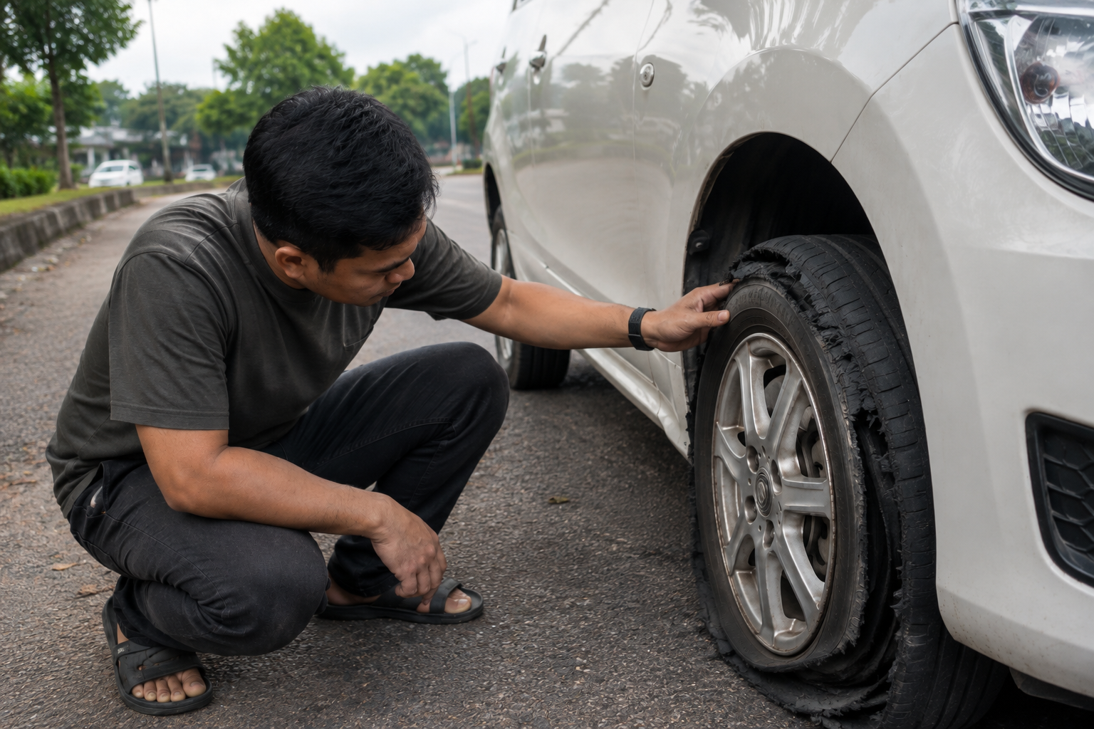 Close-up of a tyre after a blowout on a Malaysian roadside, with visible sidewall damage and a warning triangle behind the car