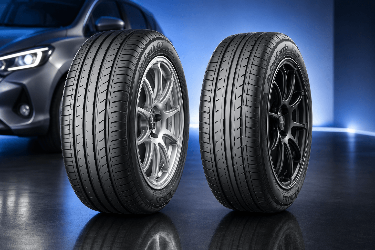 Yokohama BluEarth-GT AE51 and BluEarth-Es ES32 tyres displayed side by side in a modern automotive showroom.