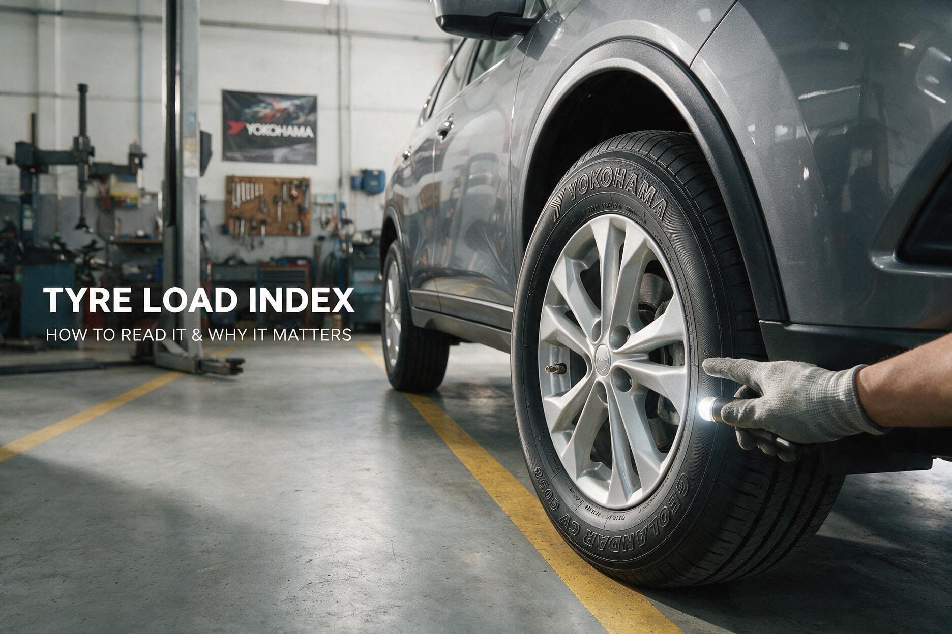 Close-up of a Yokohama GEOLANDAR CV G058 tyre showing the load index marking on the sidewall in a professional tyre workshop.