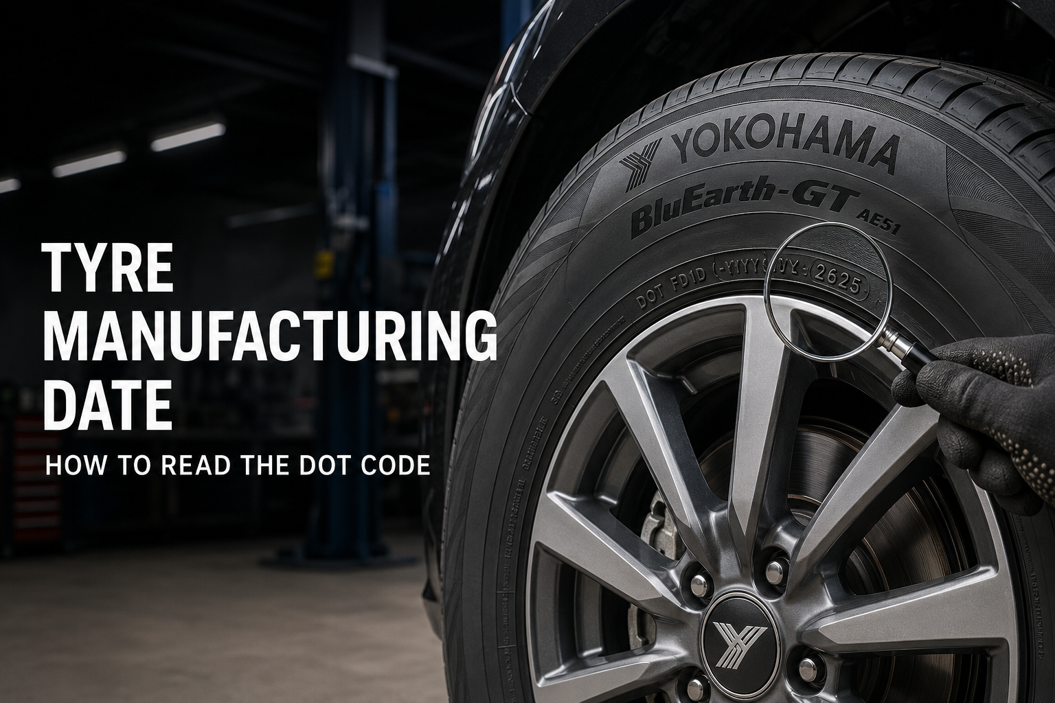 Close-up of a Yokohama BluEarth-GT AE51 tyre showing the DOT code and manufacturing date on the tyre sidewall.