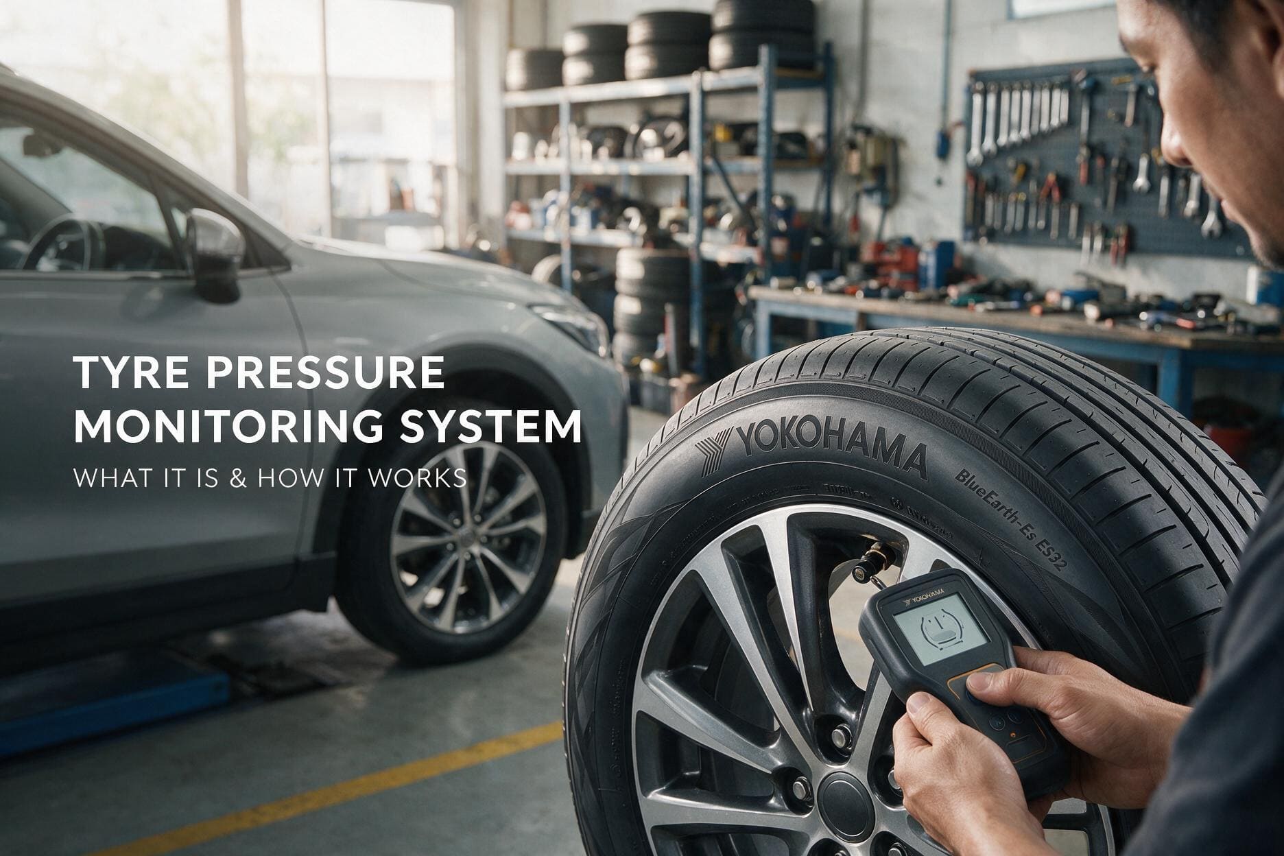 Yokohama BluEarth-Es ES32 tyre fitted with a TPMS sensor while a technician checks tyre pressure using a diagnostic tool in a workshop.