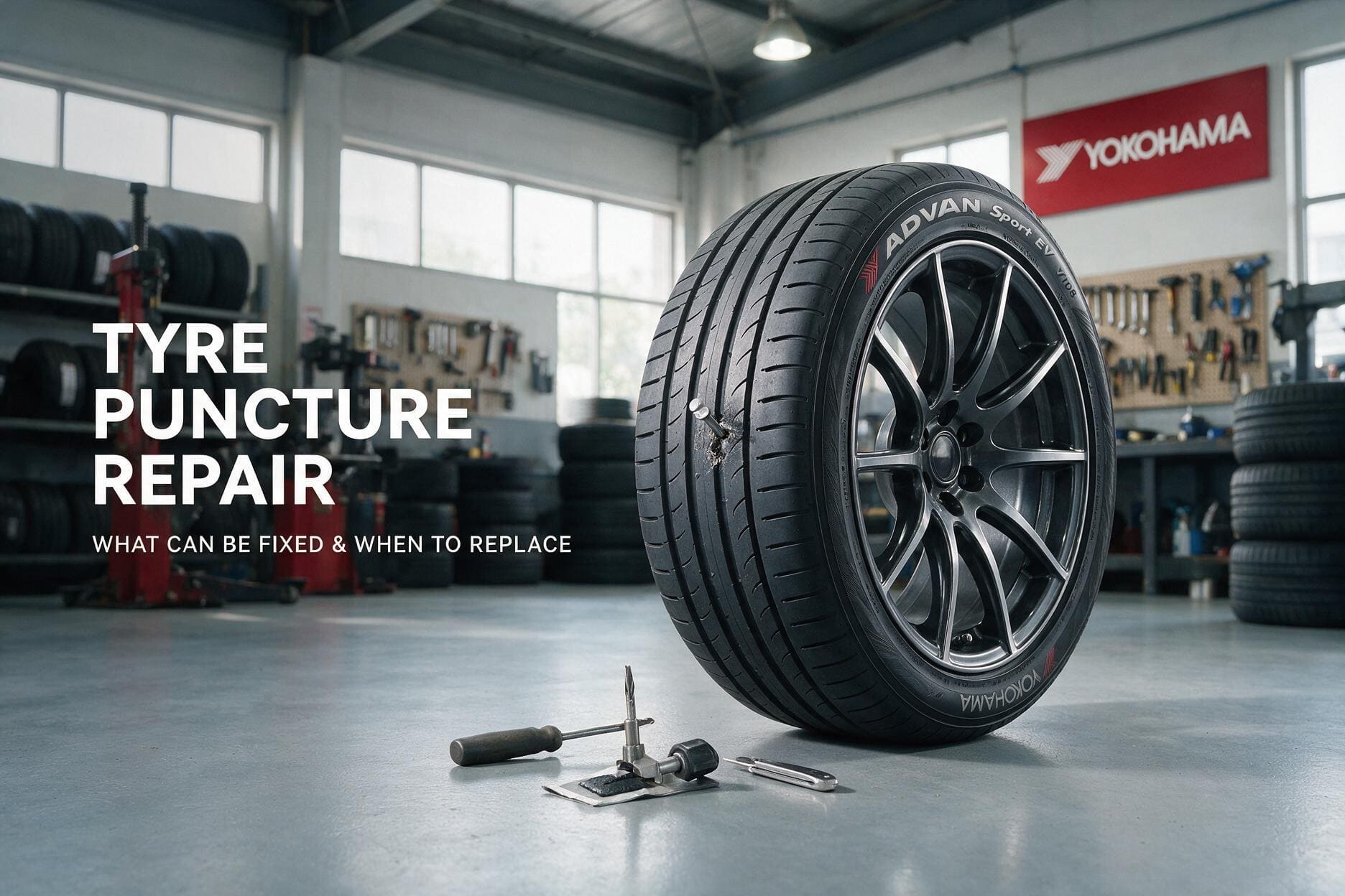 Yokohama ADVAN Sport EV V108 tyre with a visible tread puncture and tyre repair tools displayed in a professional workshop.