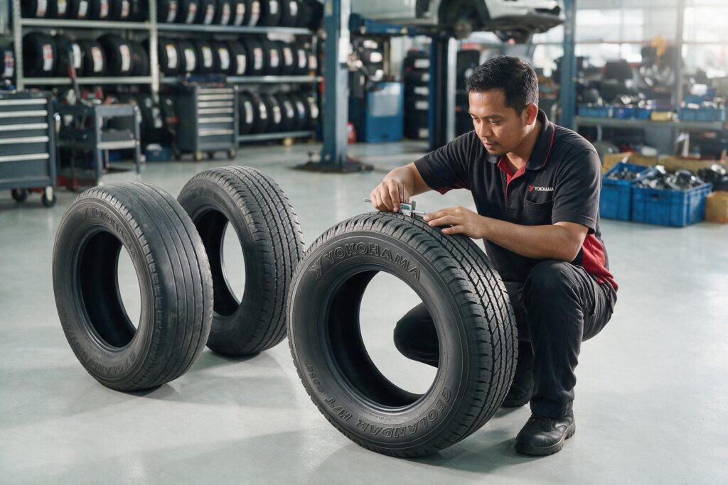 Close-up of a Yokohama GEOLANDAR H/T G056 tyre showing uneven tread wear patterns during inspection in a professional tyre workshop.