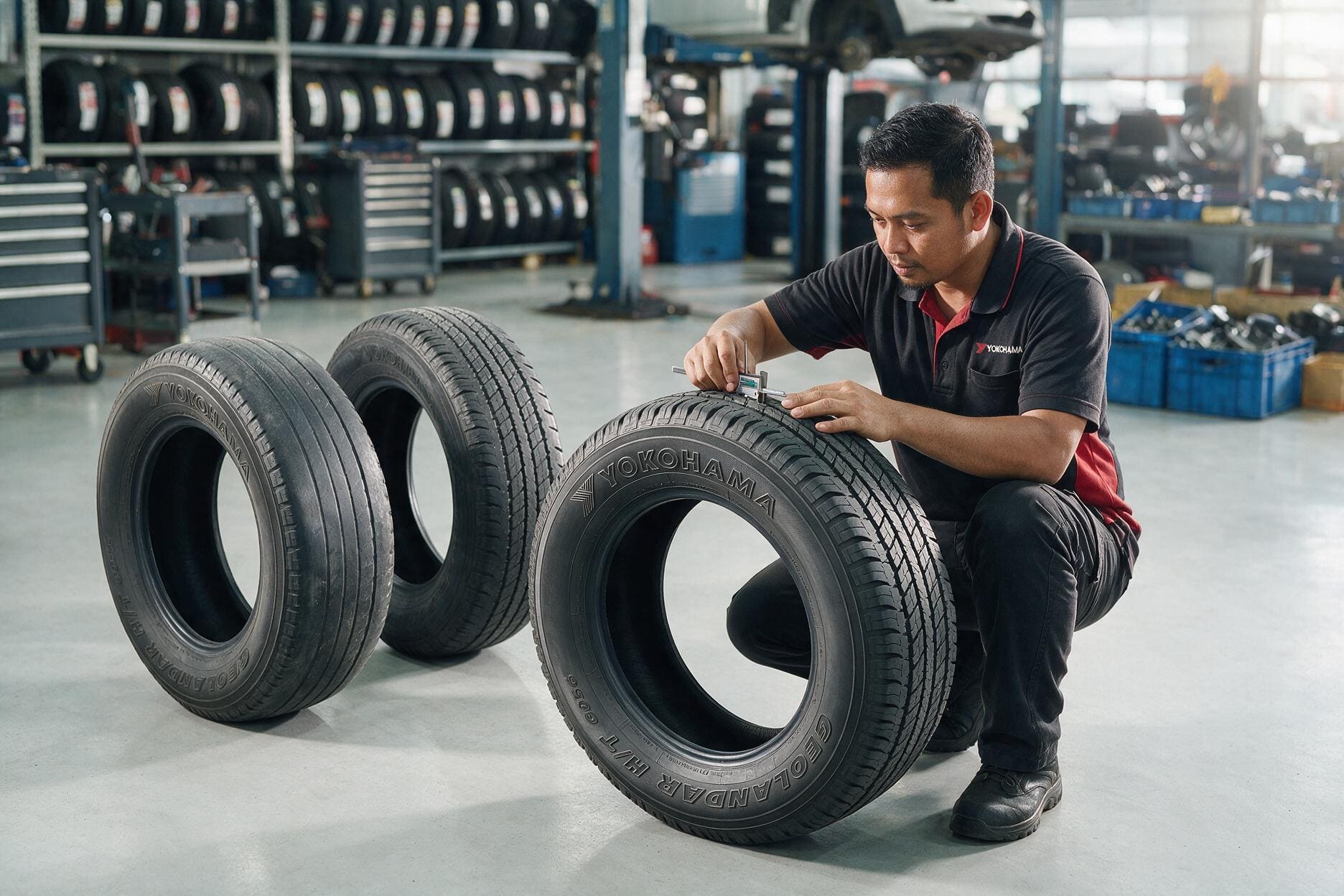 tyre-wear-pattern Close-up of a Yokohama GEOLANDAR H/T G056 tyre showing uneven tread wear patterns during inspection in a professional tyre workshop.