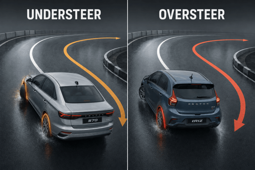 Comparison of understeer and oversteer using Proton cars with Yokohama BluEarth-Es ES32 tyres on a wet road.