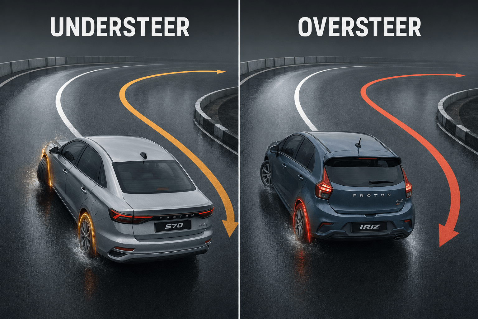 Comparison of understeer and oversteer using Proton cars with Yokohama BluEarth-Es ES32 tyres on a wet road.