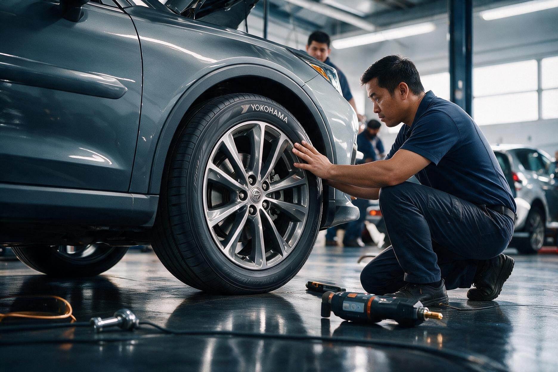 Automotive technician inspecting a SUV in a professional workshop.