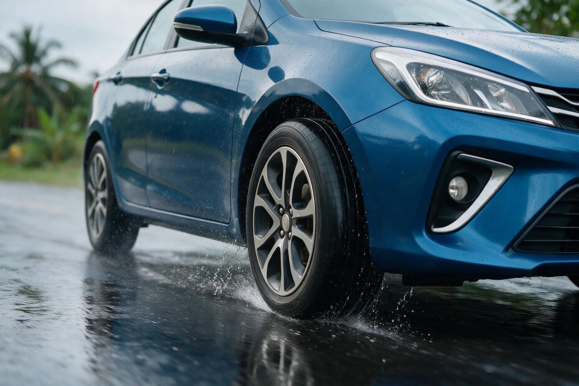 A car driving on a wet road in rainy conditions with water spraying from the tyres.
